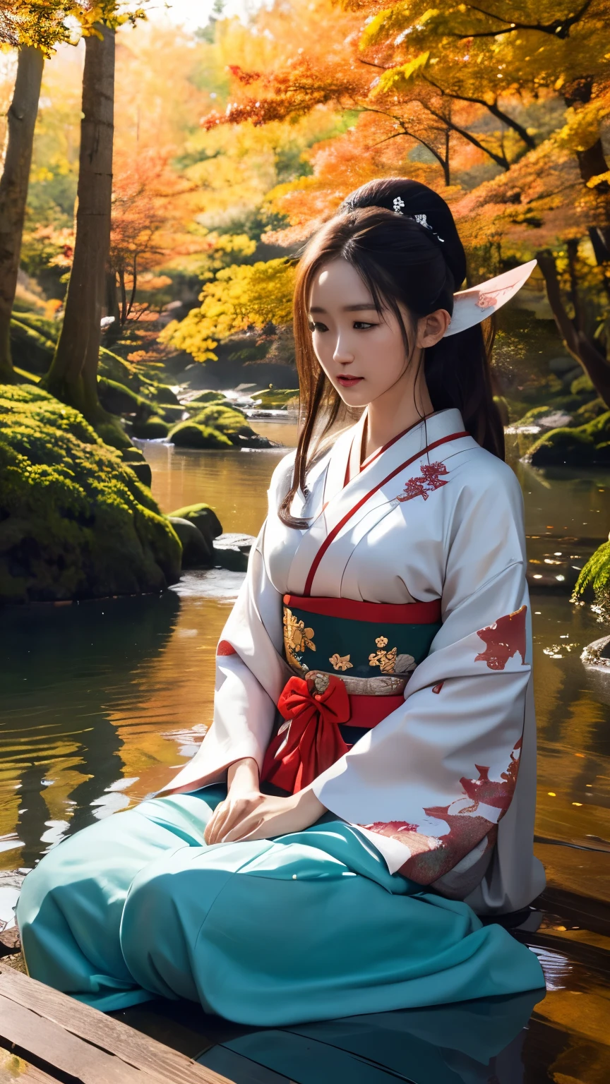 (Ultra-delicate CG Unity 8K wallpaper), (masterpiece), (best quality), (Practical), geisha, kimono, dance, Elf, Pointed ears, ((best quality)), (Super detailed)), (((photo)), Autumn Japanese Forest  