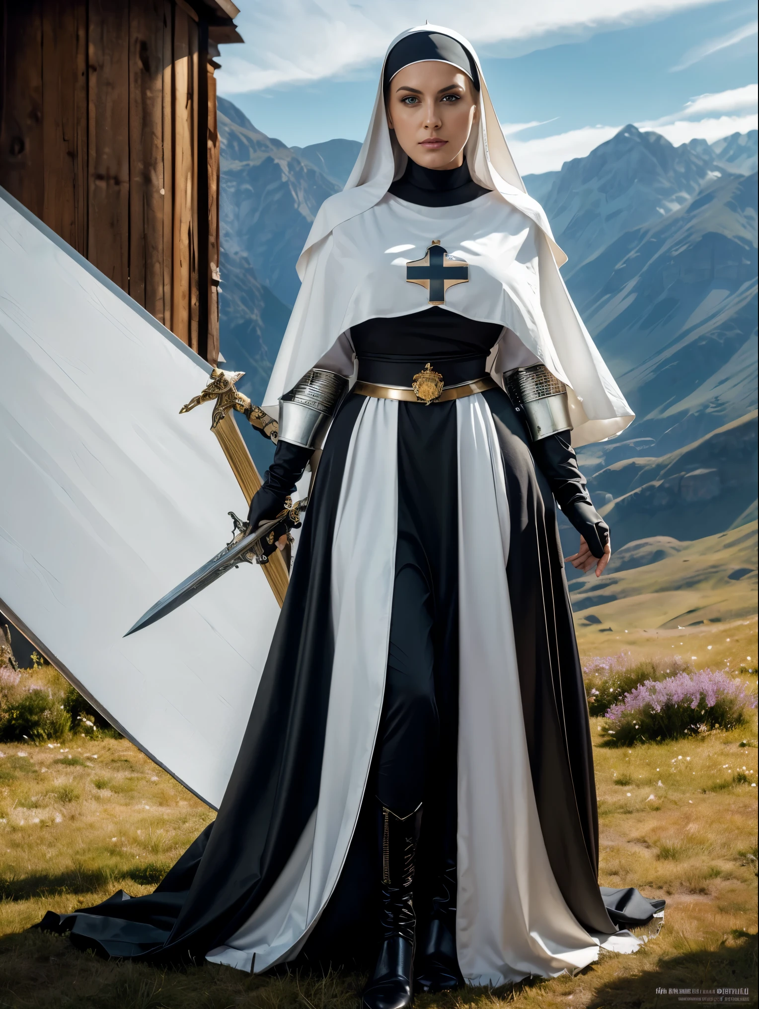 (masterpiece, top quality, best quality, official art, beautiful and aesthetic:1.2), (1girl:1.3), ((Sharp facial features, sharp features, hawkish features)), ((blue eyes)), busty brunette paladin knight girl, extremely detailed, portrait, looking at viewer, solo, (full body:0.6), detailed background, full-body shot, (warm mountain meadow theme:1.1), holy knight, (nun), charlatan, smirk, mysterious, swaying in mountains, armor, polished metal, gold trim, long boots, white fabric, pelvic curtain, robe, pale leather, ((((nun, greatsword, corona, holy aura, heavy armor, armored, long legs, pelvic curtain, toned, muscular)))), slim waist, slim hips, long legs, medieval (mountain exterior:1.1) background, dark mysterious lighting, shadows, magical atmosphere, dutch angle