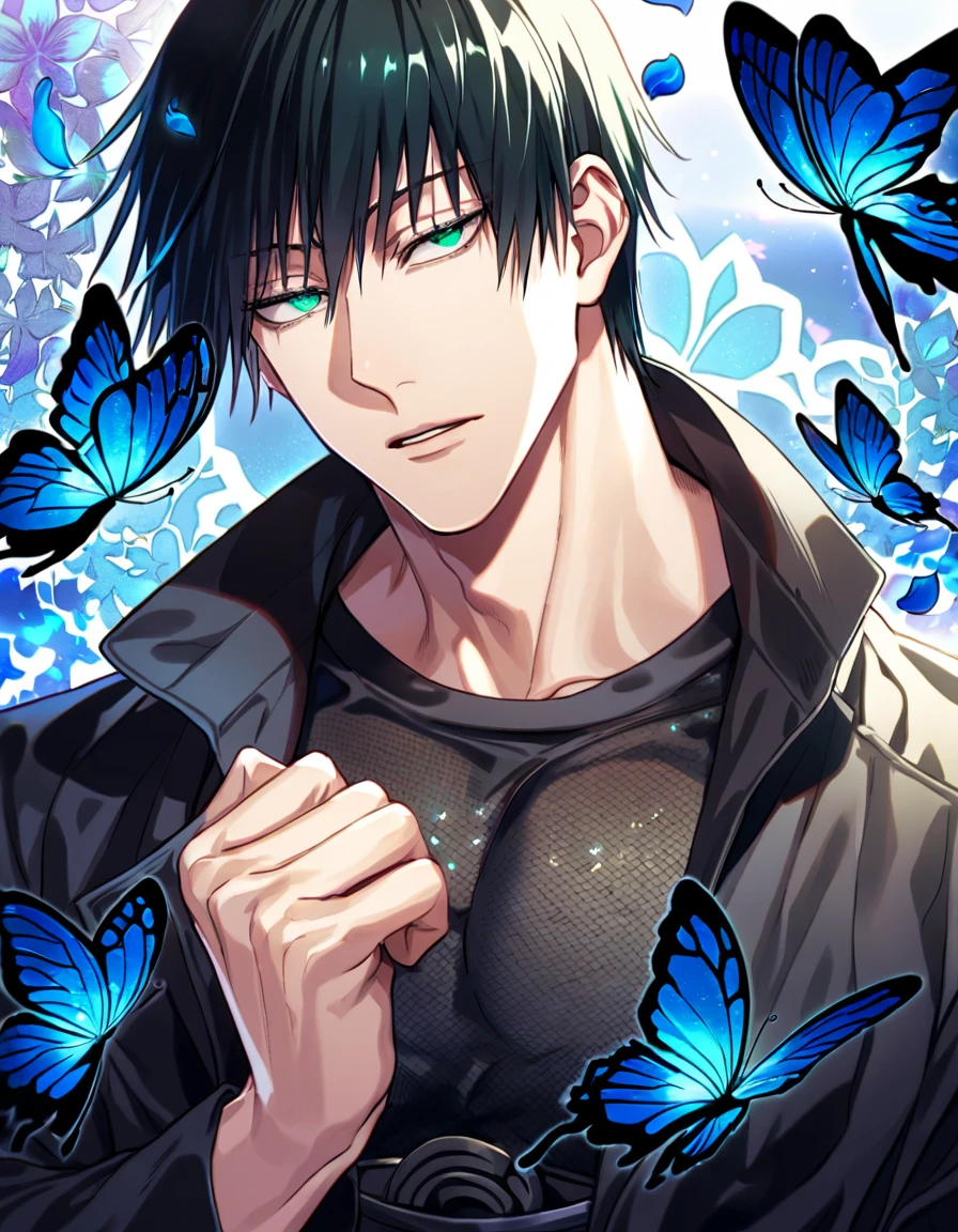 Ultra detailed, Highres, absurdres, HDR, Fushiguro Touji, black straight hair, expressive green eyes, black coat with patterns, Jujutsu Kaisen, black tight shirt, fantasy, glittering blue butterflies, petals, handsome, sexy man, solo, very detailed eyes and face, master piece, toned chest, blue flames, blue flowers, blue background