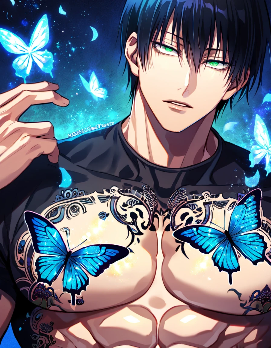 absurdres, highres, ultra detailed, HDR, master piece, best quality, extremely detailed face, delicated features, Zhang Qiling, black hair, expressive gray eyes, hair between the eyes, with bangs, The Lost Tomb, solo, sexy man, handsome, dark blue hooded coat, without shirt, dragon tattoo on the chest, tactical black gloves, fantasy, magical, butterflies, summer, green leaves, flowers, water