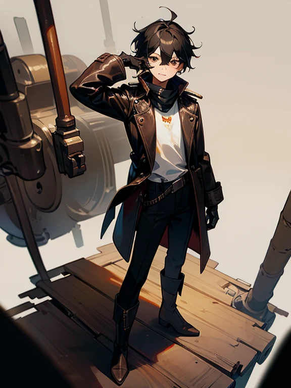 (masterpiece), best quality, expressive eyes, perfect face, male, brown eyes, short messy black hair, dirty smears on cheeks, open leather coat with really high collar, leather gloves, (welding goggles placed on head), oil-stained white t-shirt, boots, silly smile, full body, standing, laid-back vibe, (tinkering with a small mechanical object held in hand.), attempting to fix hair