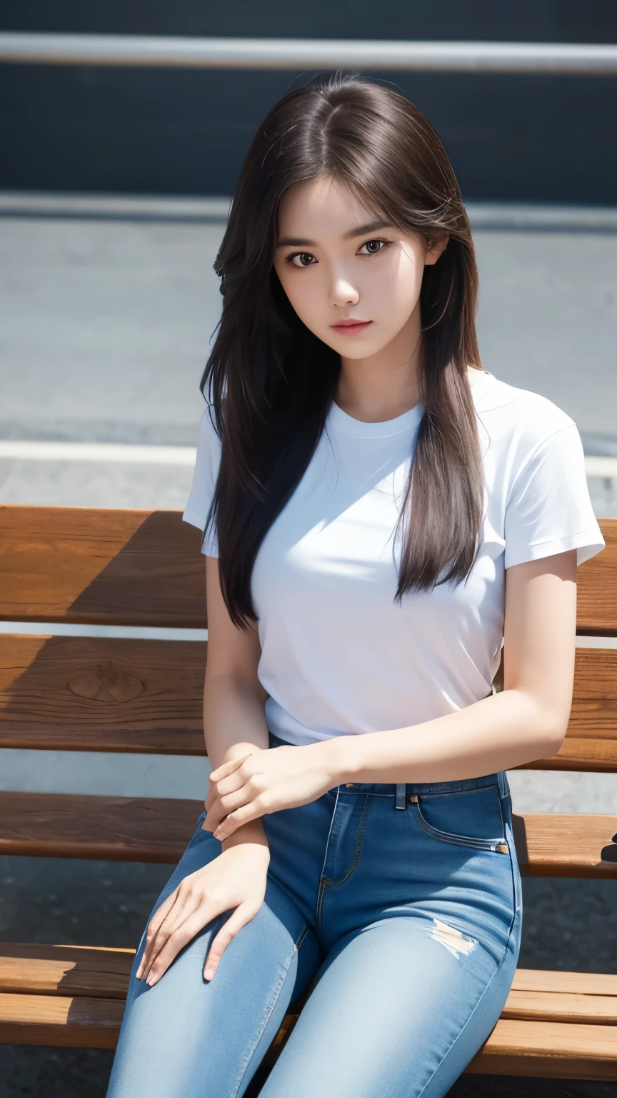 1 Girl,Solitary,best quality, masterpiece, 8K,Raw photo, photo (Purpose), Very detailed, Raw,Practical,sit, looking at the audience,jeans,White T-shirt,long hair,Black Hair, bench,