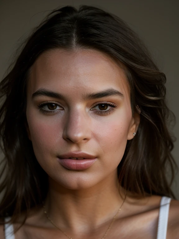 Realistic photo of a beautiful 3m1lyr-v2 woman,  1girl, solo, long hair, breasts, looking at viewer, simple background, brown hair, brown eyes, medium breasts, collarbone, upper body, parted lips, teeth, lips, crop top, forehead, realistic, nose, soft lighting, professional Photography, Photorealistic, detailed, RAW, analog, sharp focus, 8k, HD, high quality, masterpiece