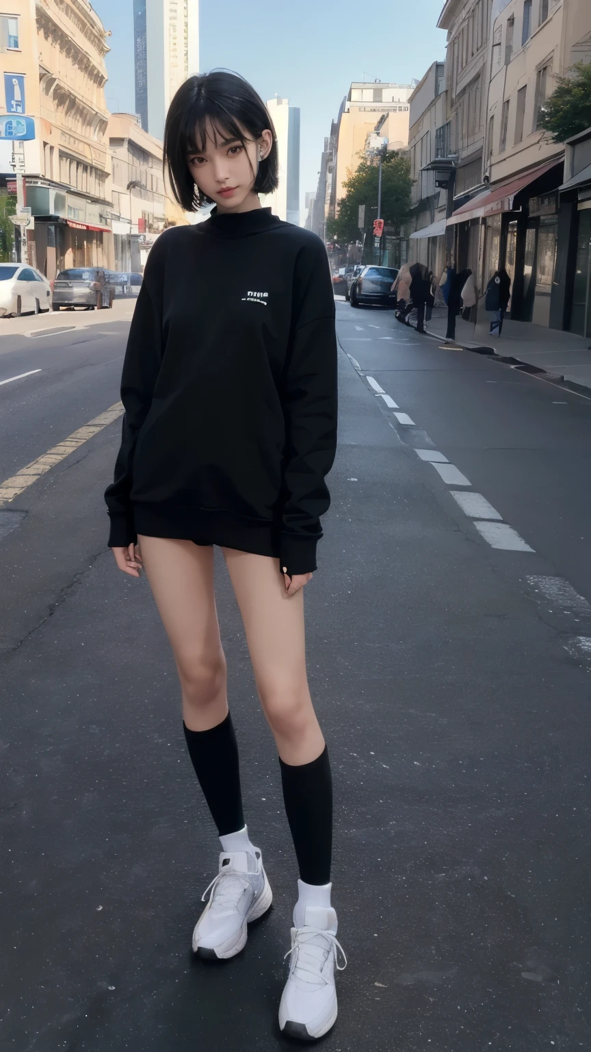 (((Backwards:2.0, Turn your ass to the camera:1.8, Standing posture:1.5))), (((Clothing:2.0, Knee-length sweatshirt:2.0, Knee-high socks:1.8, sneakers:1.5))), (Street Corner:1.5), ((A grin:1.3, Short Hair:1.2, slender:1.5, Small Ass:1.5)), ((Japanese, 1 Girl, 18-year-old, 7 heads, Ideal body proportions, Black Hair, With bangs, Small breasts, Erect nipples, slender, Small Ass, Beautiful feet, Skinny Legs)), Surrealism, Cinematic Lighting, Depth of written boundary, First Person View, F/1.8, 135mm, Ticker, Mastepiece, Curate, ((Anatomically correct:1.3)), Textured skin, Super Detail, High detail, High quality, Awards, Best Quality, High resolution, 8K