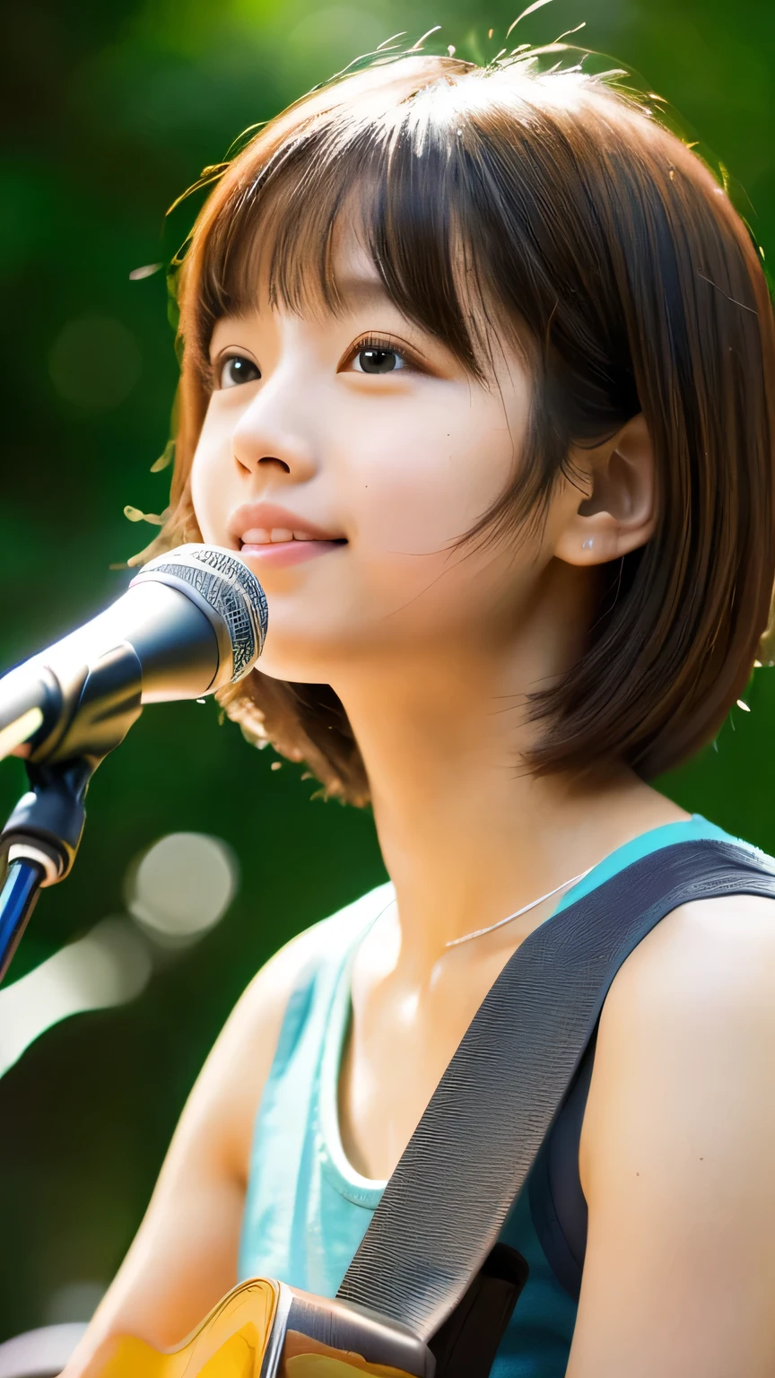 masterpiece High resolution Female student very cute natural atmosphere boyish Bobcut Dimples Mole Tanuki face Tank top Playing Acoustic Guitar Are standing