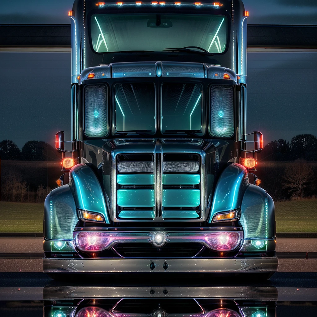 A highly detailed American 18-wheeler semi truck in a dazzling hotrod style inspired by TruckersRule, symmetrical.
Sitting in a driveway of a victorian house in the style of liquid metal, the truck only. Reflection nighttime neon lights glow off the truck as they sit there. It's a great scene, fabulous creation. You're the best absolute best