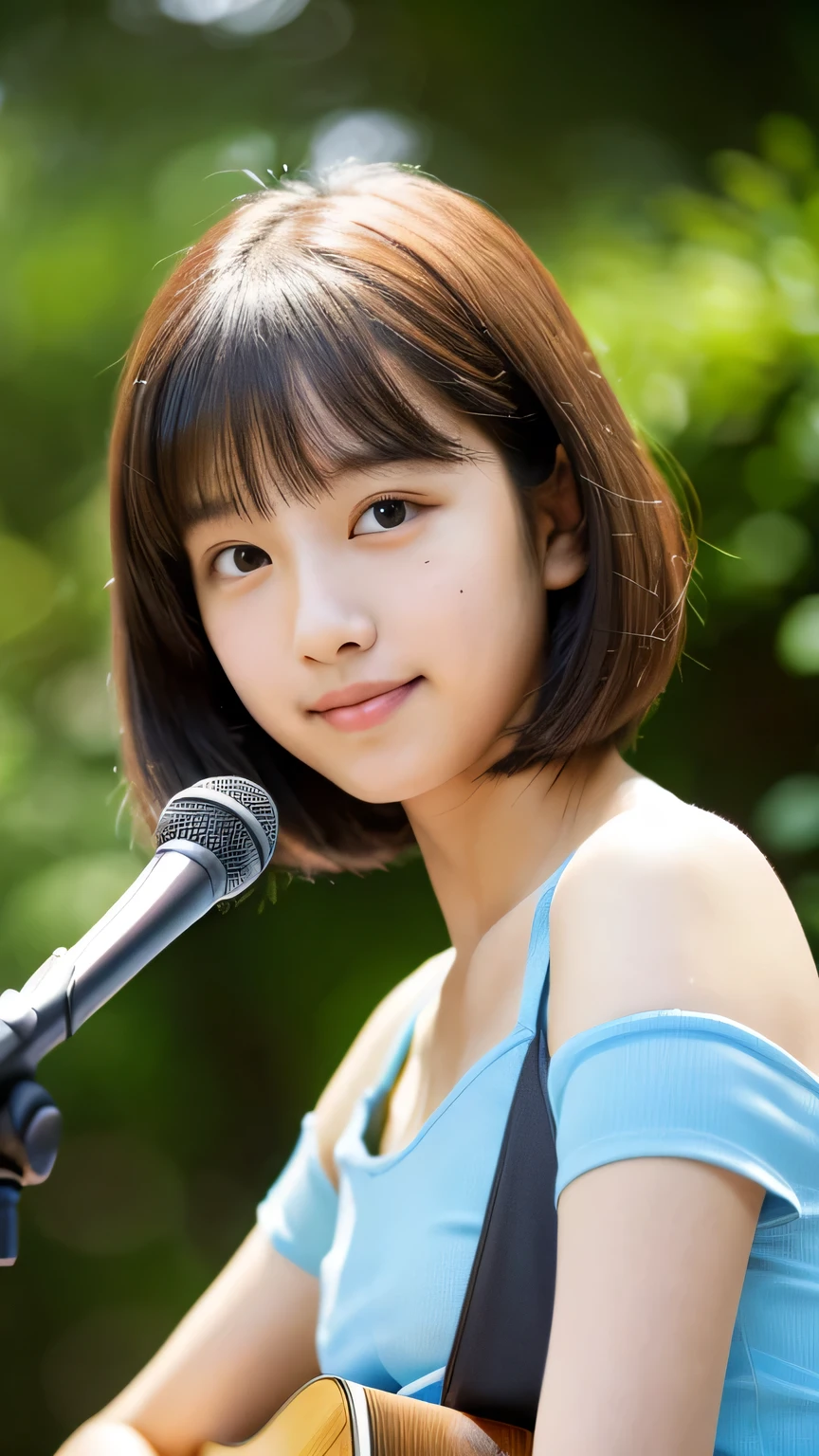 masterpiece High resolution Female student very cute natural atmosphere boyish 16 years old Bobcut Dimples Mole Tanuki face Tank top Playing Acoustic Guitar Are standing