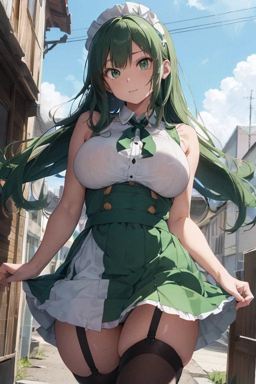 /(Girl),(anime),(16 year old girl),(looking like a 12 year old),(with a super large body),(pretty White),(green eyes and long green hair),(Height 1.59cm),(hot beautiful young woman),(Super busty),(Wearing), (a classic maid uniform with a super short skirt almost showing her panties and the dress shows her shoulders and has a neckline in the middle of her breasts showing her piggy bank), (And she is super mega busty with her breasts so big with her breasts size 290cm In width and in length practically jumping out of her body, almost jumping out of her body and a super big ass)