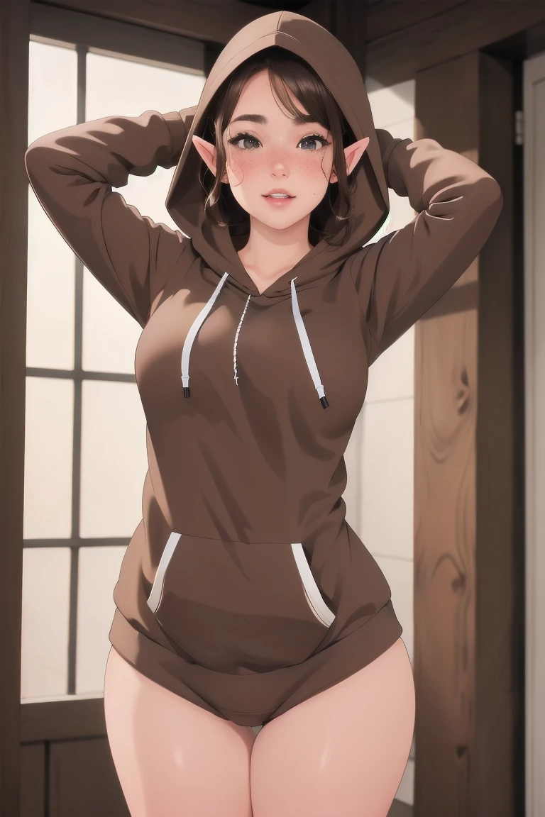 (elf girl), master piece, blushing, freckles, thick thighs, masterpiece, best quality, sfw, mature 36 year old woman, brown hair, moist face,  wavy hair, mouth open. lips, beutiful round eyes, black hoodie, large hoodie, thick hoodie, indoors, oversized hoodie, baggy hoodie, camel toe, breast print on hoodie, arms up