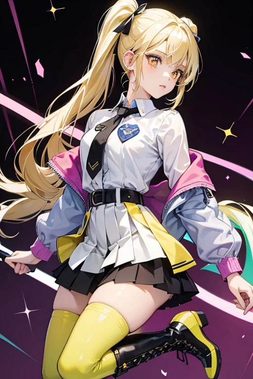 girl with white skin and brown eyes. She has large neon yellow pigtails with side hair with inward curve ends.

 attire is a . It consists of a short blazer with a shirt underneath and a pleated miniskirt. She wears knee-high leather heeled boots as her footwear. Aoi also wears a ribbon tie with Sapphie's Jewel Charm and pearl beads decorated in the middle. SPARKLE; GLITTER