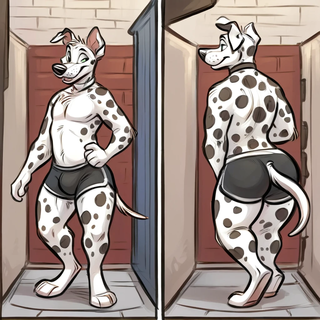 a cartoony anthropomorphic white descent Dalmatian wearing black swimming trunks and has thick thighs and walking into a trash compactor in the furry animation style in comic aesthetic 