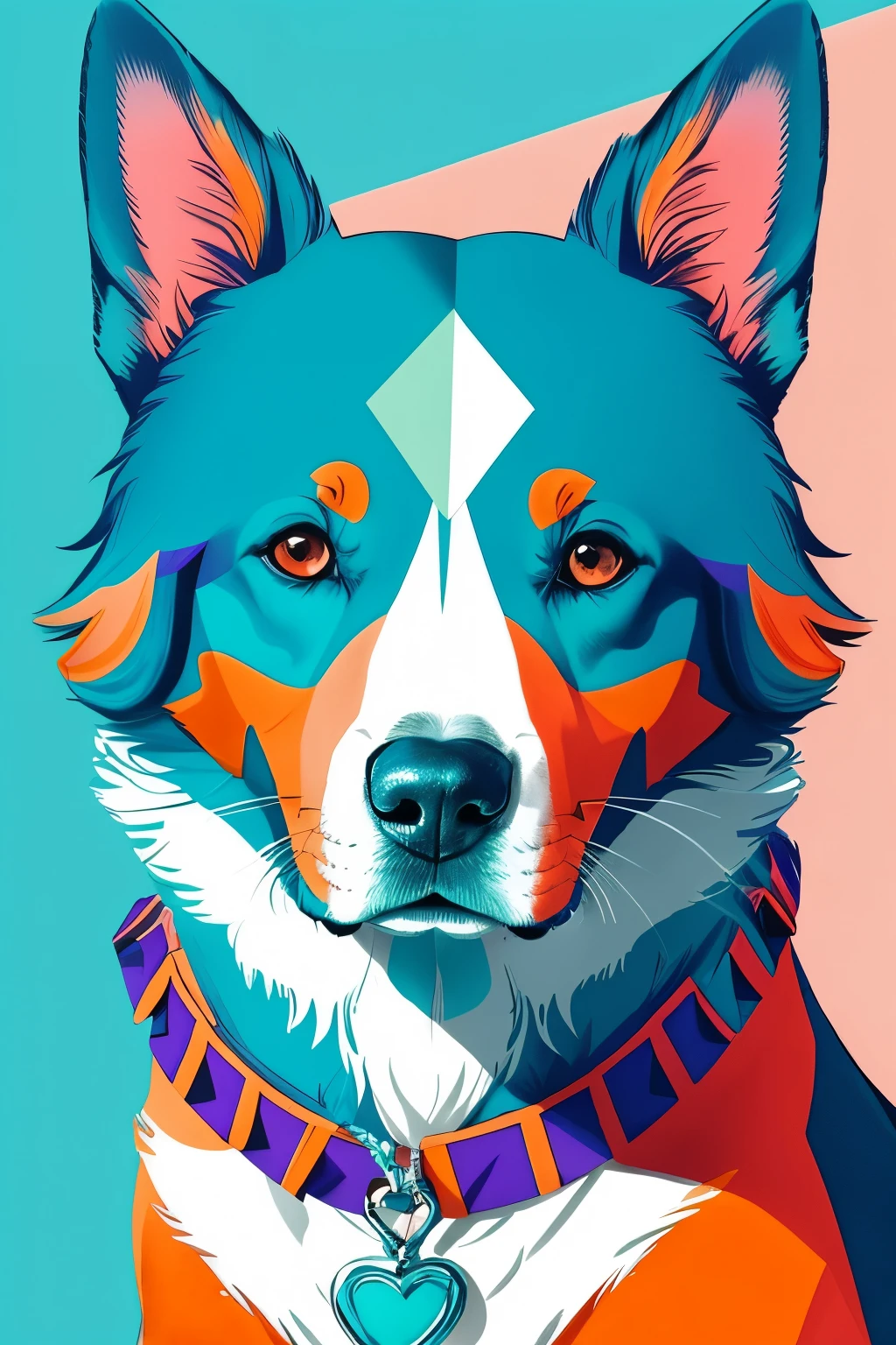 Crea una obra de arte digital vibrante y colorida inspirada en la imagen de un perro retratado en un estilo de arte pop moderno. Utiliza una paleta de colores llamativos y variados que incluyan tonos de azul celeste, verde esmeralda, amarillo brillante, naranja intenso, rosa suave y purpura profunda. The dog should have a friendly and happy expression, con la lengua fuera y una mirada vivaz. El fondo debe ser abstracto, with scattered paintings and geometric shapes that complement the