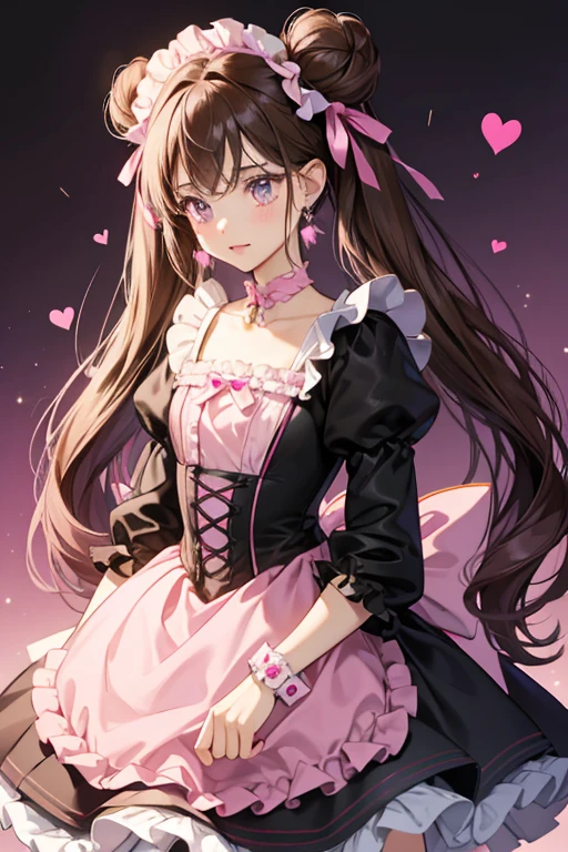 She has long, brown hair which is usually worn in two pigtails with buns and pink ribbons with ice blue diamonds at the top. She has large, amethyst eyes. Her outfit is a black dress with a black rose by the chest area and pink linings and the end of her dress. Her sleeves are pink at the left and right sides and white in the middle with black bands and small pink hearts in the middle. She also wears white ruffled cuffs with pink lining on each wrist. On the waist is a pink bow on the middle and a light pink bow with wings at the back. Her apron is white and has a big pink heart on it. Underneath her dress is a frilly petticoat with ruffles. She also wears pink cross earrings, black tall socks with pink lining and black shoes. SPARKLE; GLITTER