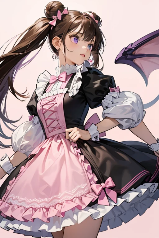 She has long, brown hair which is usually worn in two pigtails with buns and pink ribbons with ice blue diamonds at the top. She has large, amethyst eyes. Her outfit is a black dress with a black rose by the chest area and pink linings and the end of her dress. Her sleeves are pink at the left and right sides and white in the middle with black bands and small pink hearts in the middle. She also wears white ruffled cuffs with pink lining on each wrist. On the waist is a pink bow on the middle and a light pink bow with wings at the back. Her apron is white and has a big pink heart on it. Underneath her dress is a frilly petticoat with ruffles. She also wears pink cross earrings, black tall socks with pink lining and black shoes. SPARKLE; GLITTER