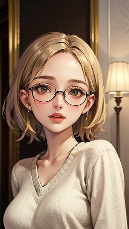 1 female, /(Tight sweater/) V-neck, Mature Woman, /((((short hair、Light brown hair、Blonde hair)))) Beautiful forehead, Stylish Glasses、Large Breasts、Bright red lips、A gentle blushing smile, (Masterpiece of the highest quality:1.2) Delicate illustrations, super detailed,  /(Modern house living room/) indoor