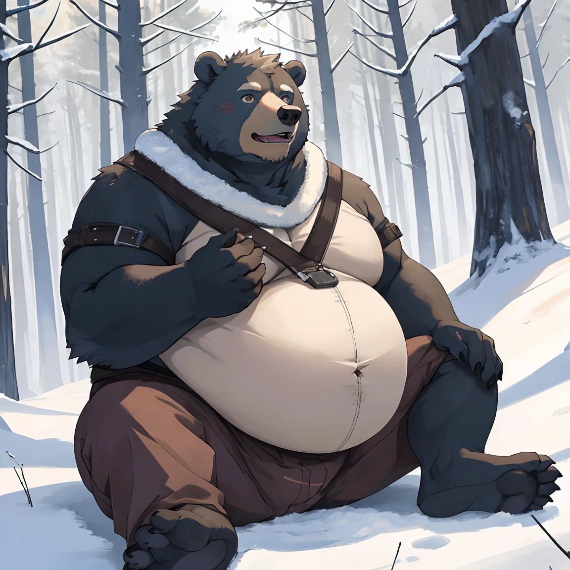 ((Masterpiece)),((Hight quality)),((Hught Detailed)),((Realistic,)) Anime Artistic masterpiece art, Concept anime art,  He is a adventure Feral Bear gaining all the weight he can, getting fatter and fatter, inflating every part of his body for his wintering phase in the forest, reachi