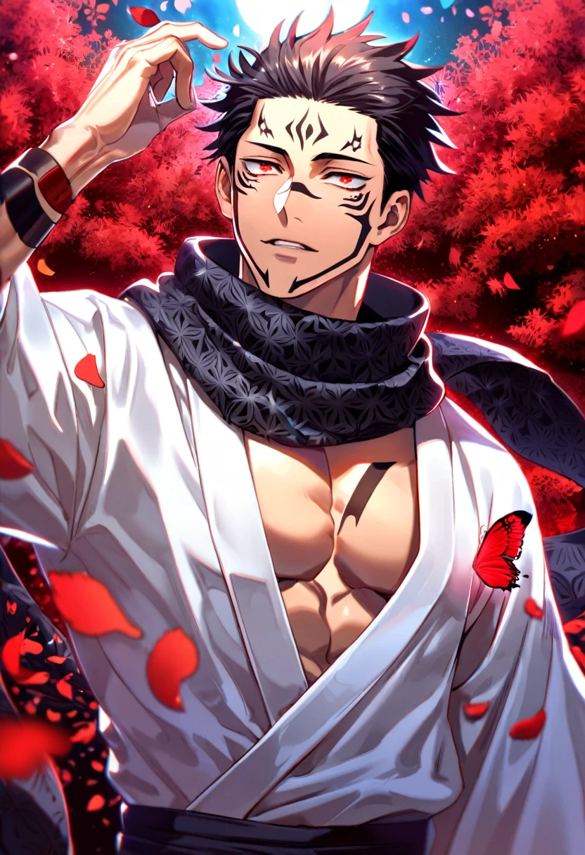 Ultra detailed, Highres, absurdres, HDR, Ryomen Sukuna, black hair, expressive red eyes, black scarf with patterns, white kimono, Jujutsu Kaisen, glittering red butterflies, petals, handsome, sexy man, solo, very detailed eyes and face, master piece, toned chest, glittering, fantasy, red forest,