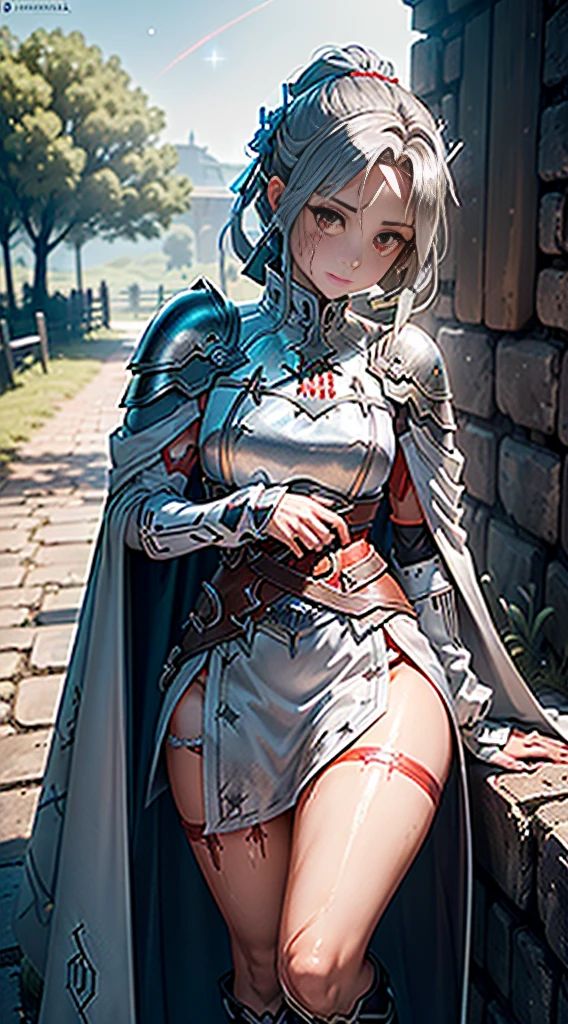 8K,(Asuna(Estrella): 1.6),una chica, Solo,(perfect anatomy:1.43), (pelo medio:1.55) ,(la mitad arriba:1.45),golpes, Brown eyes,ojos finos,(sad smile:1.3),muslos blancos,(by the chestnut:1.6),botas empapadas de sangre,(18 years:1.5),cuerpo completo,(fusion of bloody white silver full plate armor and blood soaked long cape:1.63),(hombros descubiertos:1.5),(mini falda:1.26),(sosteniendo un estoque empapado en sangre:1.43),(De pie en el campo de batalla del charco de sangre de la noche iluminada por la luna.:1.52),Fancy,(efecto sangre:1.53),tirar,vista al nivel de los ojos,(sombra paralela:1.21)