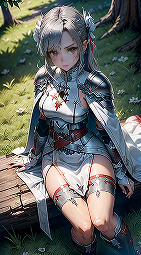 8K,(Asuna(Estrella): 1.6),una chica, Solo,(perfect ???????:1.43), (pelo medio:1.55) ,(la mitad arriba:1.45),golpes, Brown eyes,ojos finos,(sad smile:1.3),muslos blancos,(by the chestnut:1.6),botas empapadas de sangre,(18 years:1.5),cuerpo completo,(fusion of bloody white silver full plate armor and blood soaked long cape:1.63),(hombros descubiertos:1.5),(mini falda:1.26),(sosteniendo un estoque empapado en sangre:1.43),(De pie en el campo de batalla del charco de sangre de la noche iluminada por la luna.:1.52),Fancy,(efecto sangre:1.53),tirar,vista al nivel de los ojos,(sombra paralela:1.21)