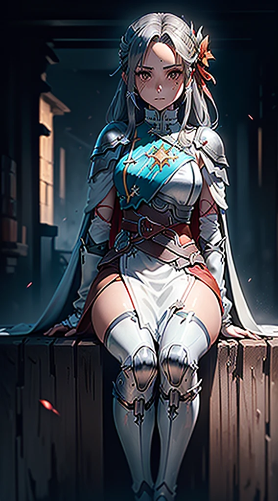 8K,(Asuna(Estrella): 1.6),una chica, Solo,(perfect ???????:1.43), (pelo medio:1.55) ,(la mitad arriba:1.45),golpes, Brown eyes,ojos finos,(sad smile:1.3),muslos blancos,(by the chestnut:1.6),botas empapadas de sangre,(18 years:1.5),cuerpo completo,(fusion of bloody white silver full plate armor and blood soaked long cape:1.63),(hombros descubiertos:1.5),(mini falda:1.26),(sosteniendo un estoque empapado en sangre:1.43),(De pie en el campo de batalla del charco de sangre de la noche iluminada por la luna.:1.52),Fancy,(efecto sangre:1.53),tirar,vista al nivel de los ojos,(sombra paralela:1.21)