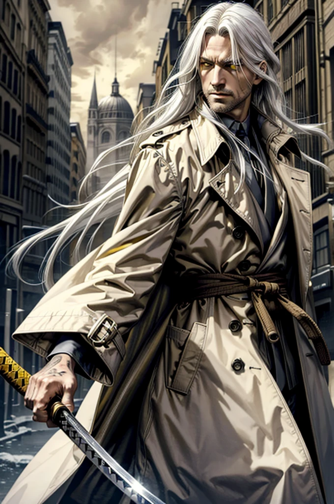 Last man on earth, masterpiece, highly detailed, yellow eyes, long hair, white hair, trench coat, katana, scars