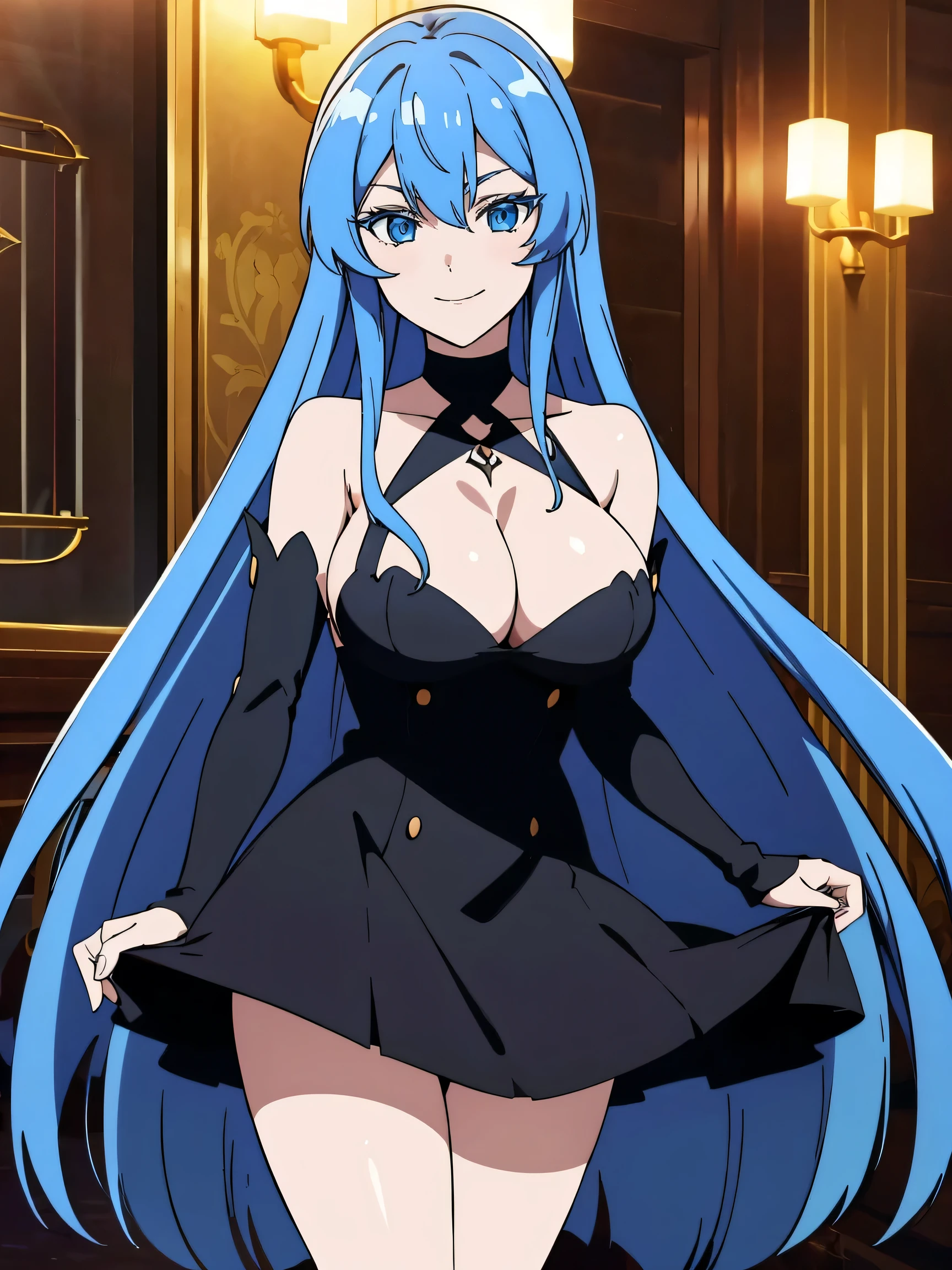 (artwork, best quality) a girl with long blue hair, blue eyes, blue eyelashes, black dress, big breasts, smiling evilly, in a golden mansion at night, perfect body, 4k hd, bare legs