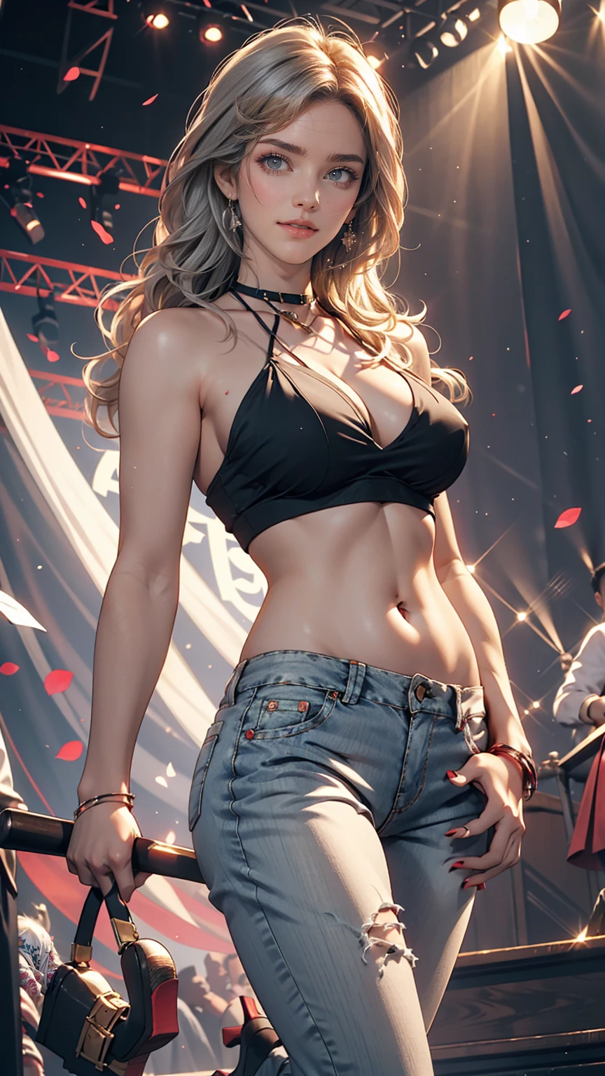 25 year old Caucasian female、Silver Hair、Straight Hair、Erotic proportions、Beautiful legs、Beautiful breasts、Wear a cross halter top、Lower milk visible、I can see my belly button、Low rise skinny jeans、Wear stiletto heels、Brush your hair back、smile、Being on stage