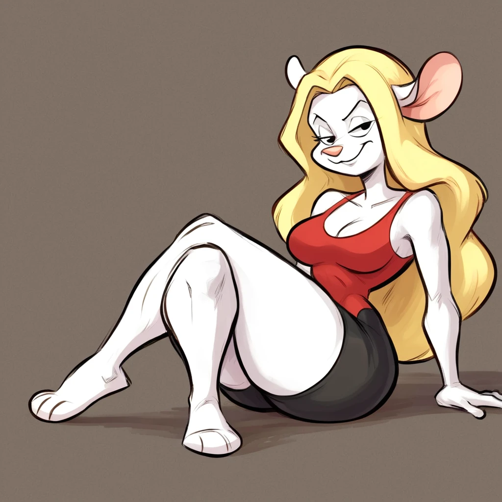 Minvera mink from Animaniacs, wearing black swimming shorts, yellow girl hair, red one piece swimsuit, sitting down with crossed legs, has thick thighs, smug expression, high quality, crisp, 1girl,