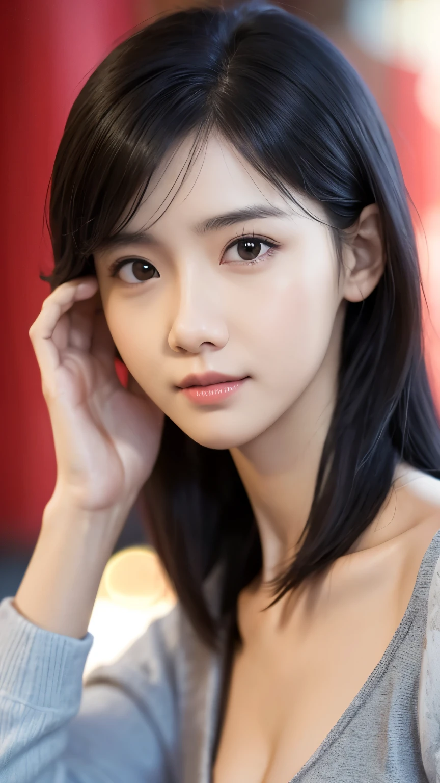 Practical, detailed, Practical details, Intricate details, rest,, 1 Girl, Solitary, Eurasia, Black Hair, Extremely beautiful, Lovely, detailed face, detailed skin complexion, beautiful eyes, Open your mouth, Tempting, Medium Length Hair, , rest,, Simple background,, rest,, portrait, F1.4/35 mm, view, Depth of Field, part, focus on face, Blurred background, Bokeh, Clear focus, depth and dimensionality, part, Rule of Thirds, rest,, 
