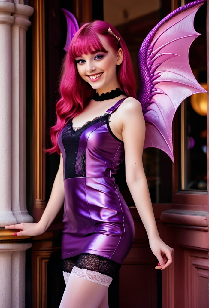 Red Hair girl with huge Purple Eyes ((smiling)) with Dragon mix purple abd pink wings. wearing a pink luminous leather tight mini dress with a pocket on the left of her chest cover in black stripes. pink heels White lacey stockings. Gold Dragonfily ornaments in long Red hair. ((Beautiful Architectural Designs)