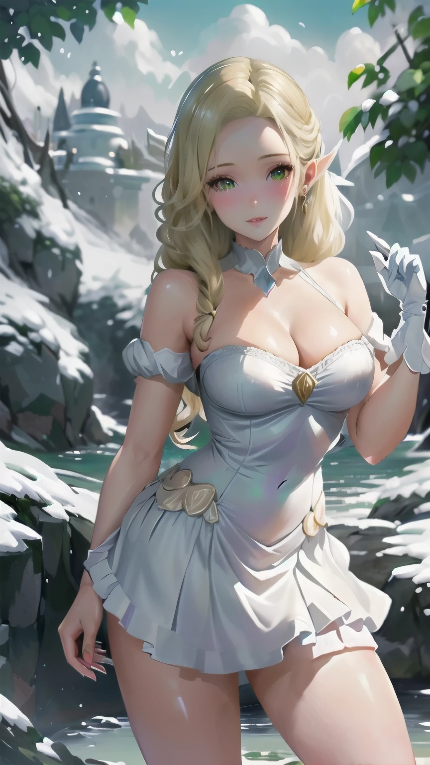 ((1 chica)), obra maestra, (Alta calidad, mejor renderizado), (hermosa chica, Blanco como la nieve), (bomb, estilo pin-up), caliente, seda floja, Cuerpo perfecto, araffed Blanco como la nieve in a yellow dress with a red bow, sexy Blanco como la nieve, portrait of Blanco como la nieve, pale Blanco como la nieve skin, 4k high definition. Blanco como la nieve hair, princesa de Disney, hermosa princesa femenina, princesa anime, artwork in high definition, arte oficial, dibujos animados de disney, princesa hermosa, fondo del bosque, piernas largas y delgadas, Pechos grandes, pose sexy, colores vibrantes