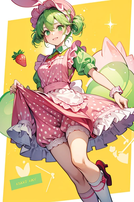 Avenue is an anthropomorphic pink rabbit with green eyes. She wears a yellow waitress cap with pink polka dots with a strawberry clip next to her left ear. Her waitress outfit consists of a green collar and bracelets, a red shawl over her shoulders, an apron similar to her waitress cap, yellow long socks and red shoes. SPARKLE; GLITTER