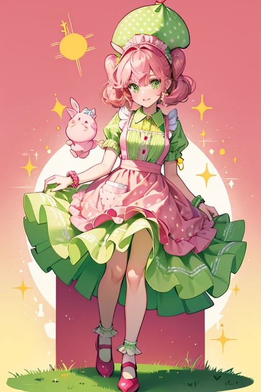 Avenue is an anthropomorphic pink rabbit with green eyes. She wears a yellow waitress cap with pink polka dots with a strawberry clip next to her left ear. Her waitress outfit consists of a green collar and bracelets, a red shawl over her shoulders, an apron similar to her waitress cap, yellow long socks and red shoes. SPARKLE; GLITTER