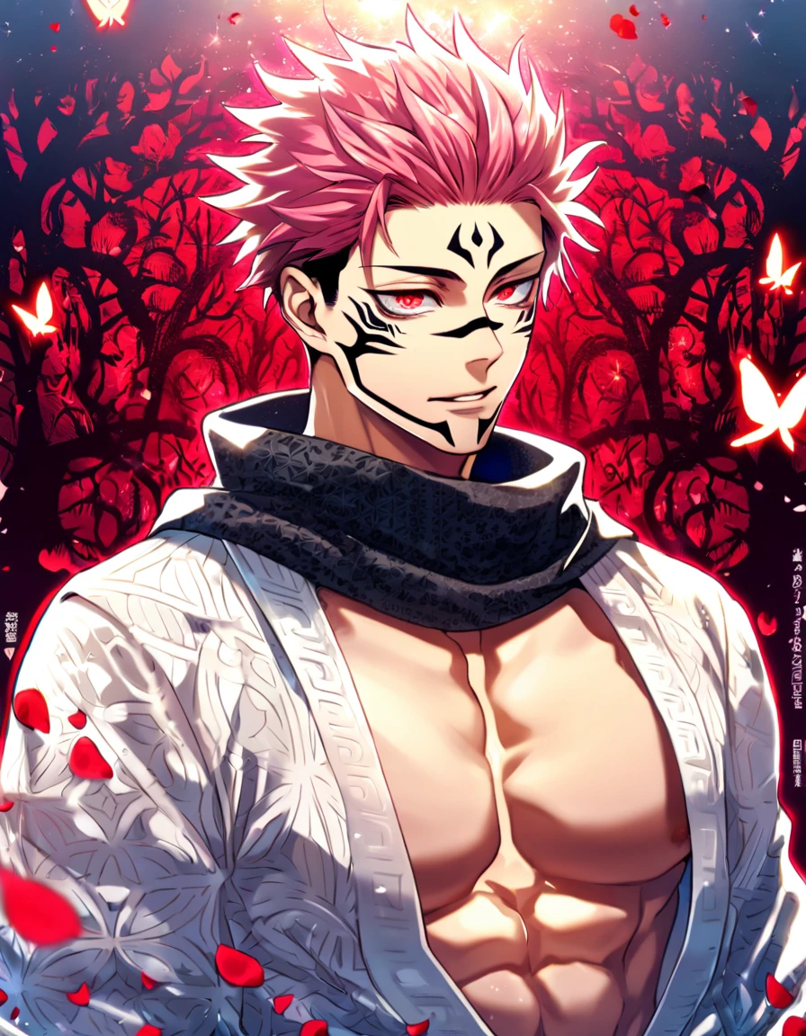 Ultra detailed, Highres, absurdres, HDR, Ryomen Sukuna, pink hair, expressive red eyes, black scarf with patterns, white kimono, Jujutsu Kaisen, glittering red butterflies, petals, handsome, sexy man, solo, very detailed eyes and face, master piece, toned chest, glittering, fantasy, red forest,