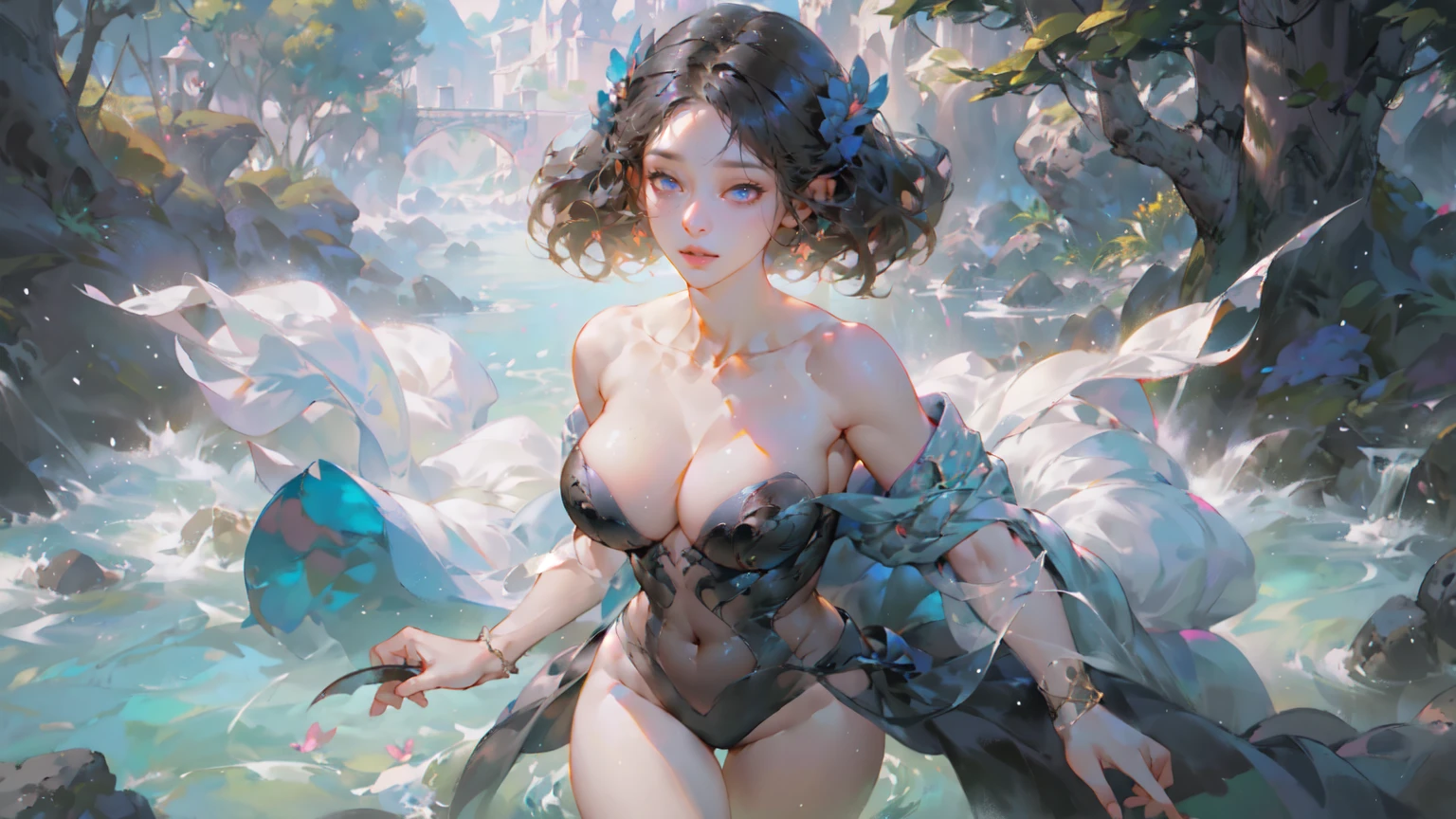 （Girl by the river：2.0），Ultra-high resolution，masterpiece，Showing shoulders and thighs，Super detailed, absurd，High-resolution details， Fine facial features， Skin texture refinement，Exquisite makeup，Clear eyes，Mature charm，Vivid expressions,（Interact with the scene 1.8）