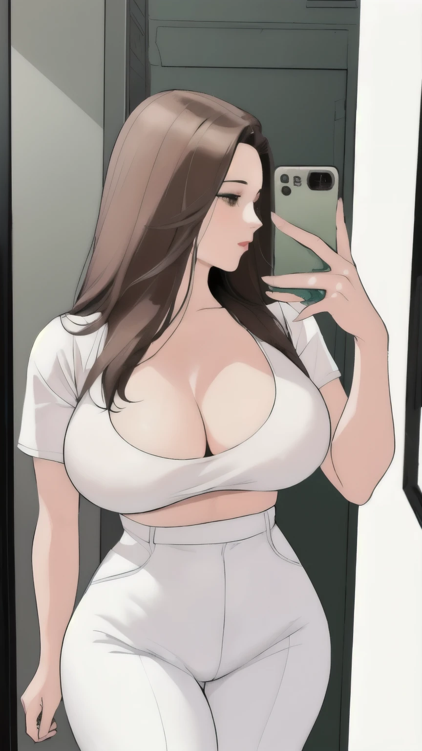 araffe woman taking a selfie in a white top and khaki pants, wearing tight shirt, tight shirt, thick neck, white bra, busty, sexy girl, thick body, revealing clothes, low cut top, buxom chested, asian girl, thick, wearing a cute top, thicc, white top, tight outfit