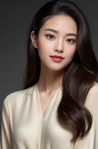 creates a photograph of a beautiful 22 year old girl, perfect silhouette, full body, medium bust, (long hair: 1.2), very detailed facial and skin texture, detailed eyes, double eyelid work, brown jacket, white silk blouse, amber trousers, sincere smile ((best quality, 8K, masterpiece :1. 3)), sharp focus :1.2, perfect silhouette beautiful woman:1.4, Abdominaux minces:1.2, , (natural light, La rue de la ville:1.1), taken in studio with black gradient background.