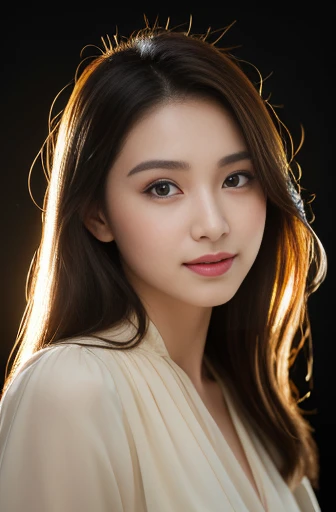 creates a photograph of a beautiful 22 year old girl, perfect silhouette, full body, medium bust, (long hair: 1.2), very detailed facial and skin texture, detailed eyes, double eyelid work, brown jacket, white silk blouse, amber trousers, sincere smile ((best quality, 8K, masterpiece :1. 3)), sharp focus :1.2, perfect silhouette beautiful woman:1.4, Abdominaux minces:1.2, , (natural light, La rue de la ville:1.1), taken in studio with black gradient background.