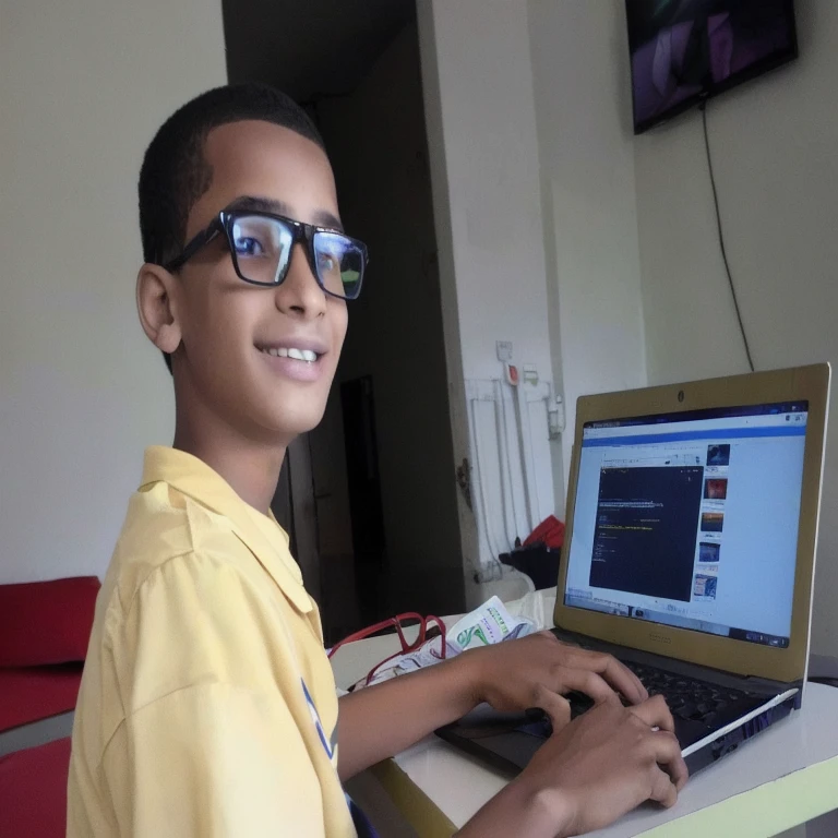 There is a boy sitting at a table with a laptop, Riyad Cassiem, Mohammed Chahin, futuro codificador olhando, coding time, usando seu PC desktop, , nerd de computador, ismail, futuro homem codificador olhando, codificador criativo com um computador, com um laptop no colo, um superinteligente, na frente de um computador