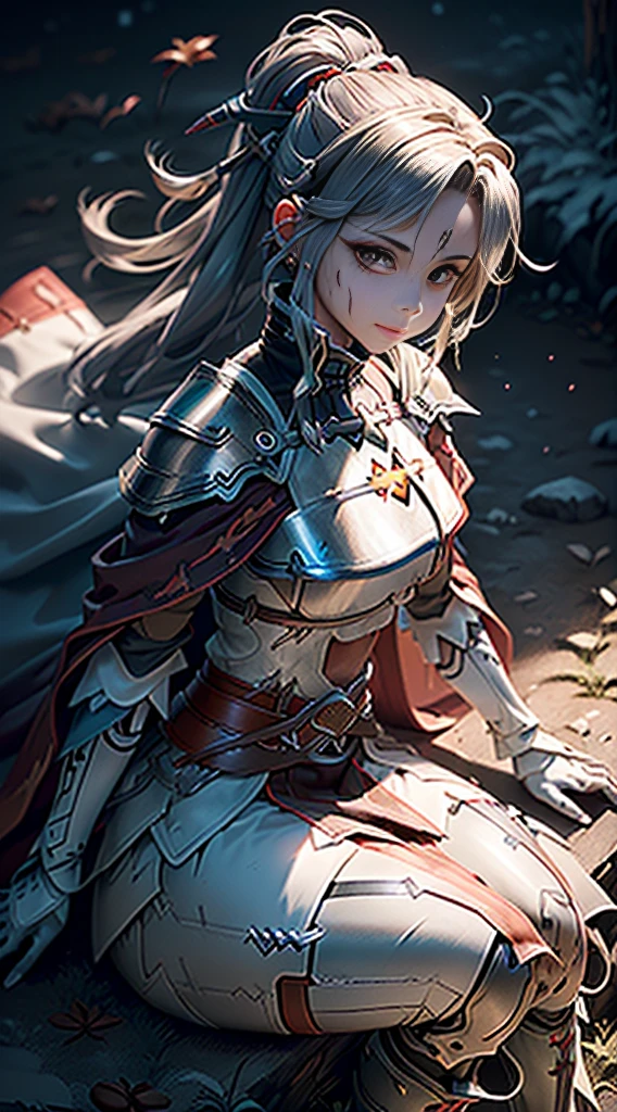 8K,(Asuna(Estrella): 1.6),una chica, Solo,(perfect anatomy:1.43), (pelo medio:1.55) ,(la mitad arriba:1.45),golpes, Brown eyes,ojos finos,(sad smile:1.3),muslos blancos,(by the chestnut:1.6),botas empapadas de sangre,(18 years:1.5),cuerpo completo,(fusion of bloody white silver full plate armor and blood soaked long cape:1.63),(hombros descubiertos:1.5),(mini falda:1.26),(sosteniendo un estoque empapado en sangre:1.43),(De pie en el campo de batalla del charco de sangre de la noche iluminada por la luna.:1.52),Fancy,(efecto sangre:1.53),tirar,vista al nivel de los ojos,(sombra paralela:1.21)