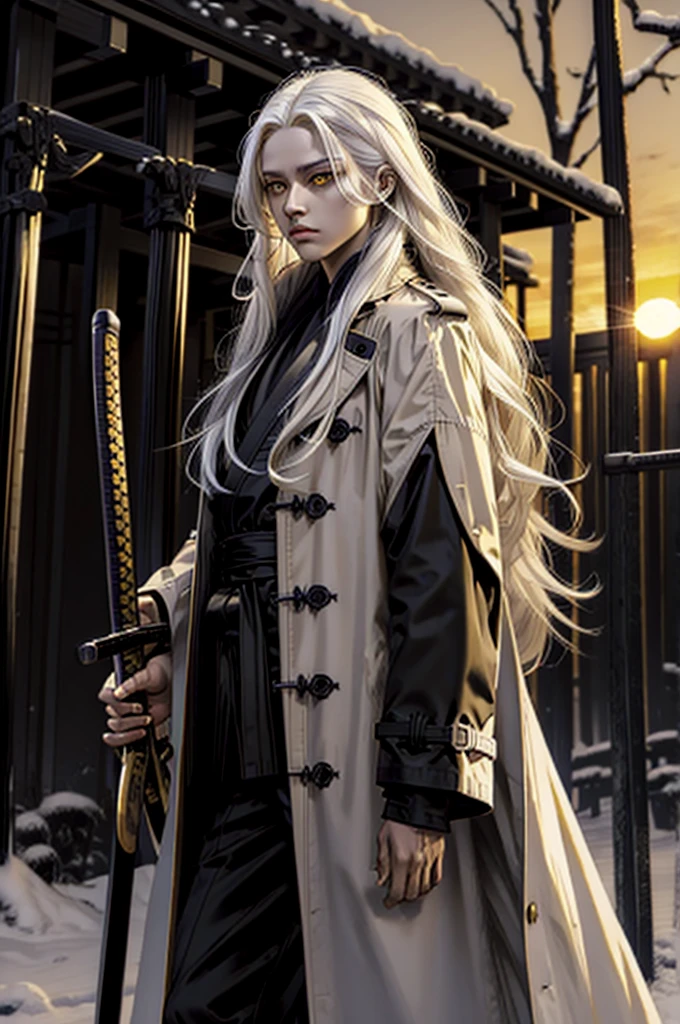 Sunset, masterpiece, highly detailed, yellow eyes, long hair, white hair, trench coat, black coat, black katana, scars