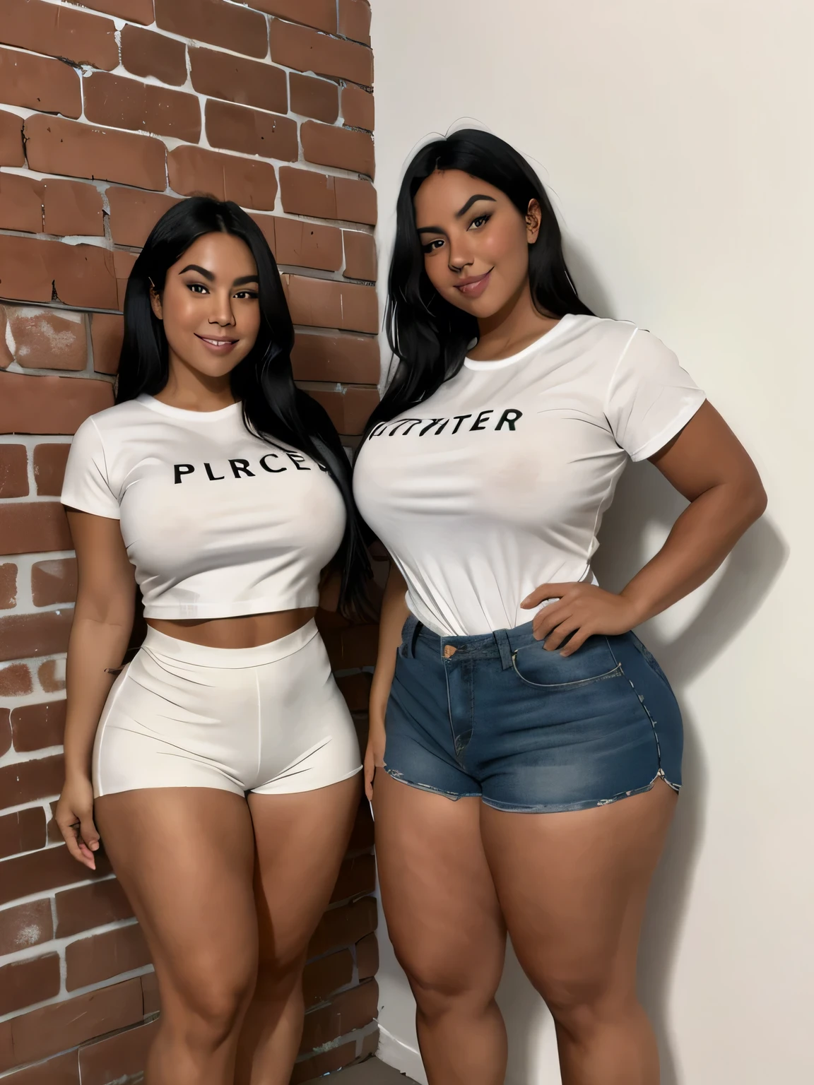 two thick tanned fit women, different ages, with micro shorts and pure white t-shirt, heels, standing near brick wall. super thick muscular shapely legs, full body shot, plain t-shirt, no design