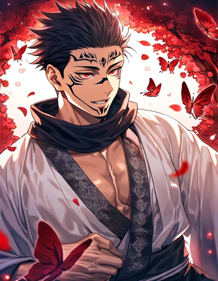 Ultra detailed, Highres, absurdres, HDR, Ryomen Sukuna, black hair, expressive red eyes, black scarf with patterns, white kimono, Jujutsu Kaisen, glittering red butterflies, petals, handsome, sexy man, solo, very detailed eyes and face, master piece, toned chest, glittering, fantasy, red forest,