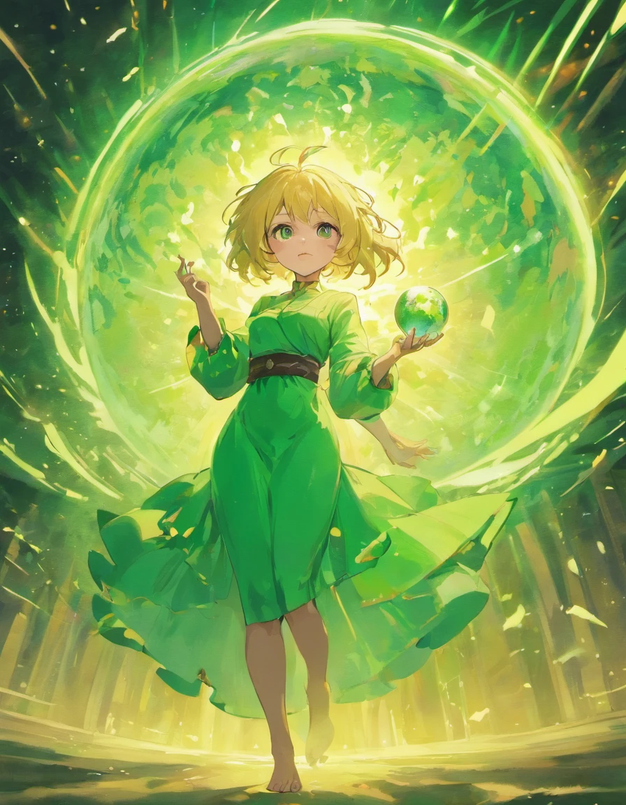 Woman holding the world in her hands, estilho: green dress, barefoot and blonde hair