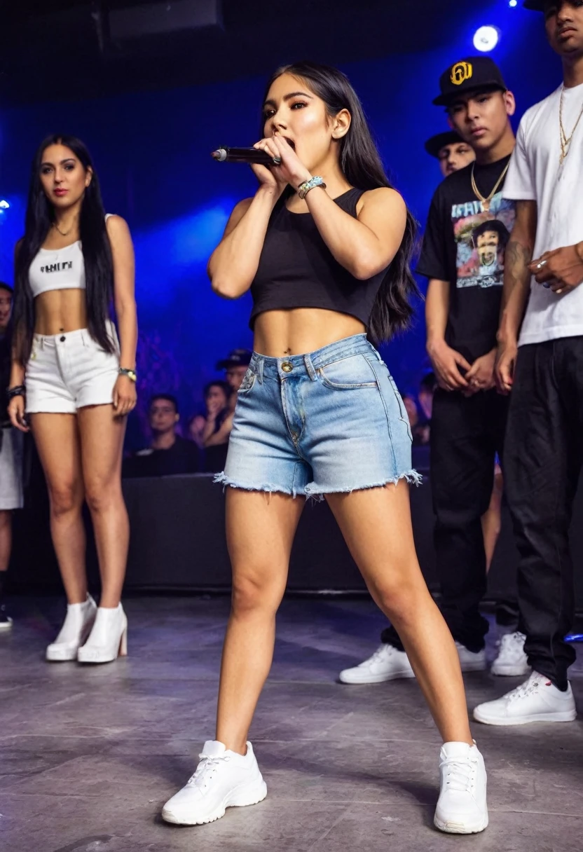 Mexican girl with a slim complexion approaching 20 years old on stage in a rap battle 