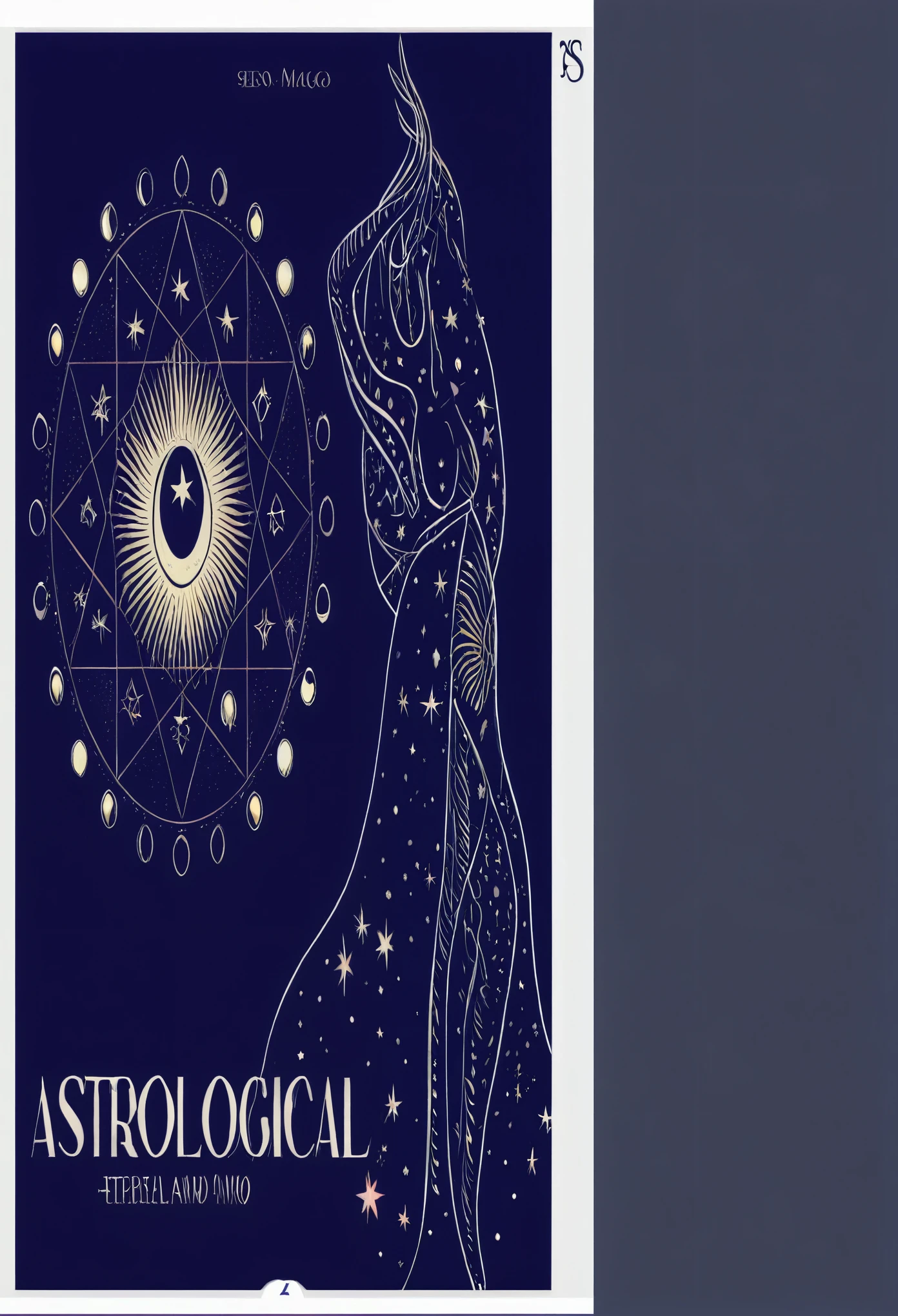 a close-up of a poster with a woman holding a star, deusa celestial, seios com copas, Be magical, ethereal astral, Lindo mago celestial, altamente detalhado + tarot card, magic colorful theme, tarot card design, magical and mystical, wearing psychedelic wicca, indigo occult pattern, tarot drawing, tarot card style, astrologia, ethereal and supernatural, deusa lunar, Digital Magic