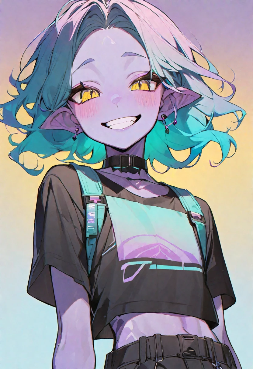 Solo Male, light purple skin, teal hair, alien aesthetic, yellow eyes, gradient background, huge smile, blushing, wearing crop top