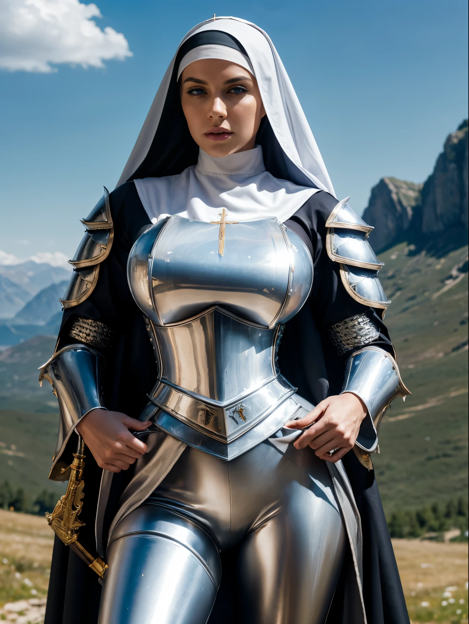 (masterpiece, top quality, best quality, official art, beautiful and aesthetic:1.2), (1girl:1.3), ((Sharp facial features, sharp features, hawkish features)), ((blue eyes)), busty brunette paladin knight girl, extremely detailed, portrait, looking at viewer, solo, (full body:0.6), detailed background, full-body shot, (warm mountain meadow theme:1.1), holy knight, (nun), charlatan, smirk, mysterious, swaying in mountains, armor, polished metal, gold trim, long boots, white fabric, pelvic curtain, robe, pale leather, ((((nun, greatsword, corona, holy aura, heavy armor, armored, long legs, pelvic curtain, toned, muscular)))), slim waist, slim hips, long legs, medieval (mountain exterior:1.1) background, dark mysterious lighting, shadows, magical atmosphere, dutch angle