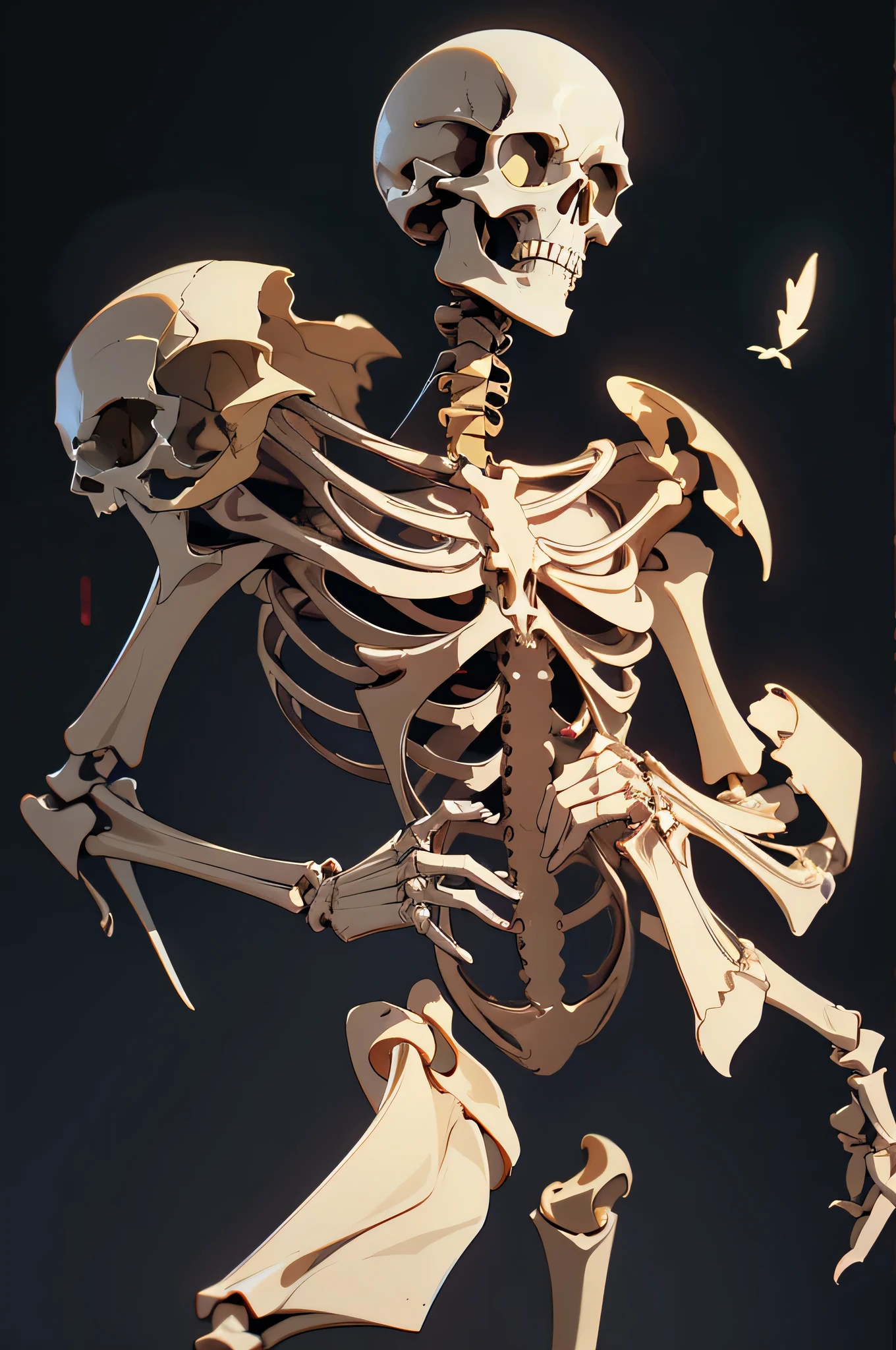 human skeleton, full bones, no humanoids, dark background, jaw open, skull, bones, full, jaw falling
