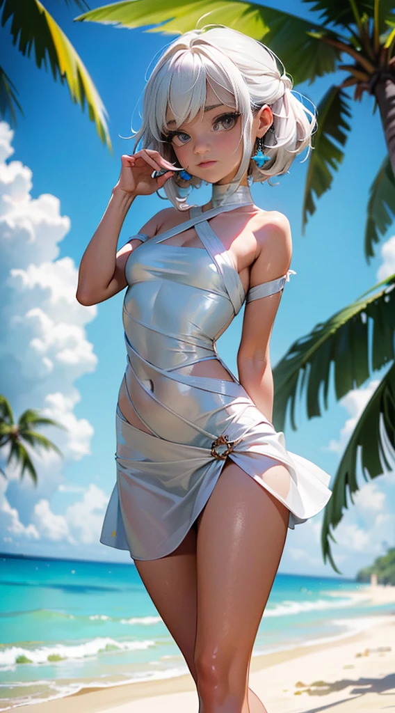 (dynamic angle:1.4), ((posando de cuerpo entero:1.5), (vistoso:1.2), (Fondo de pantalla CG unity 16k extremadamente detallado:1.1), (Noise Removal Force: 1.45), (obra maestra:1.37), ((arte oficial)), foto cruda, 1igrl, Diosa, pelo blanco, Rubor, (sonrisa:0.8), parte superior del cuerpo, (piel muy detallada:1.2), 8k UHD, DSLR, Fujifilm XT3, balancearse, ojos verdes, Oler, vestido, white vestido, pelo largo, calzas con estribo, orejas puntiagudas, pelo multicolor, cola de caballo lateral, joyas, pelo blanco, cabello degradado, tree, symbol-shaped pupils, adorno para el pelo, golpes, solo, playa, verano, coconut trees, playas, calzas sin dedos, al aire libre, white medias, mirando al espectador, Dedos de los pies, Sin zapatos, medias, pulsera, pies, boca cerrada, pupilas en forma de cruz, pelo verde, tenencia, pelo entre los ojos, cuerpo completo, hombros descubiertos, sin mangas, day, flor, capa verde, mangas cortas, sin mangas vestido, plant, calzado blanco, (luz:1.2), (chibi:1.2), soft luzing, film grain, Alta calidad